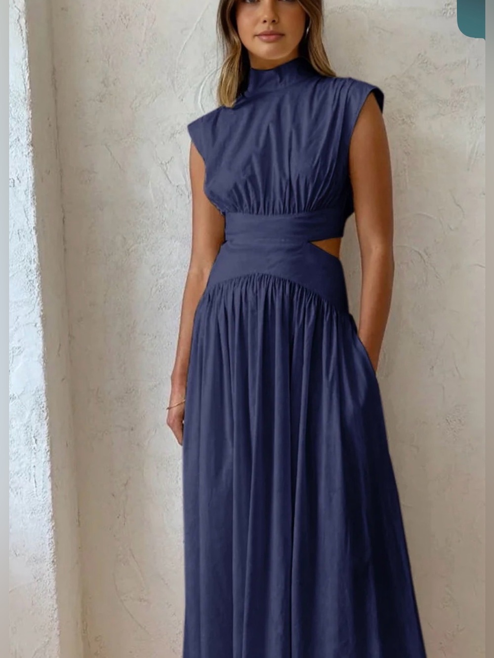 Commense Sleeveless High-Neck Navy Cutout Maxi Dress